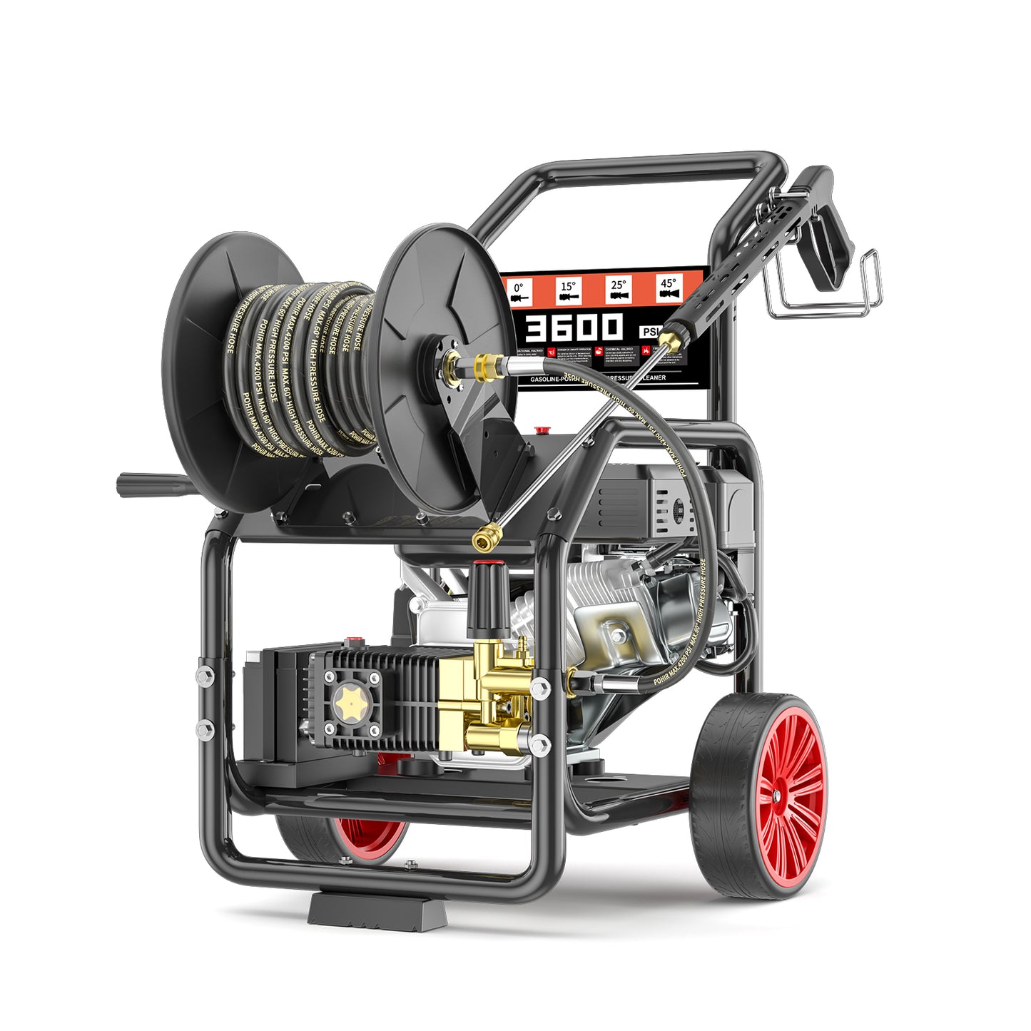 POHIR Gas Pressure Washer Powered 7HP with Hose Reel, 3600 PSI @ 3.3 GPM