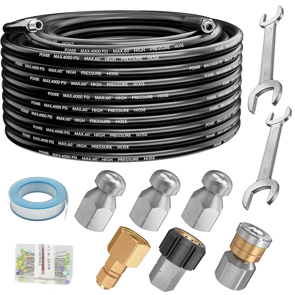 Kit de limpieza de desagües POHIR para lavadora a presión de 100 pies, manguera limpiadora de desagües de 4000 PSI