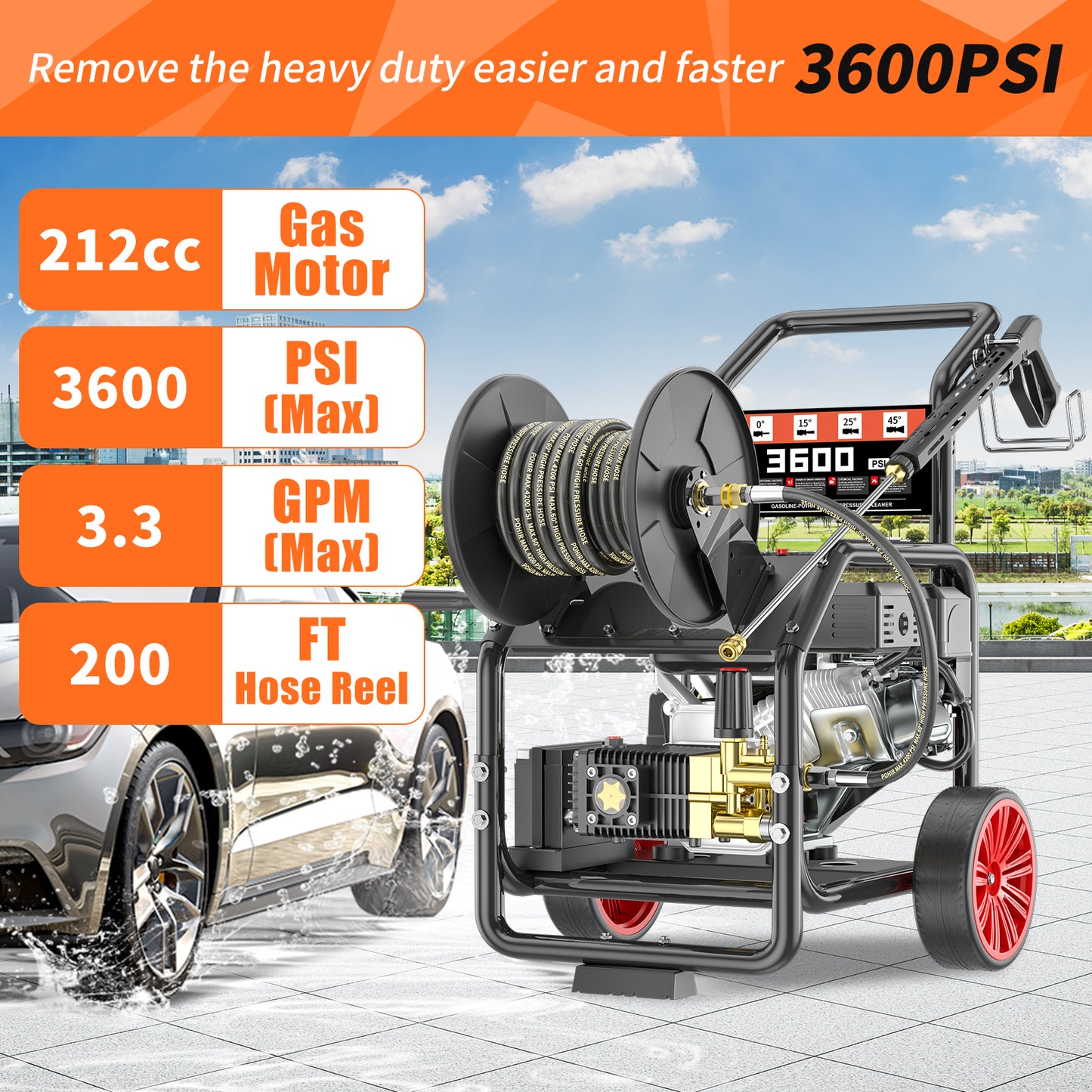 POHIR Gas Pressure Washer Powered 7HP with Hose Reel, 3600 PSI @ 3.3 GPM