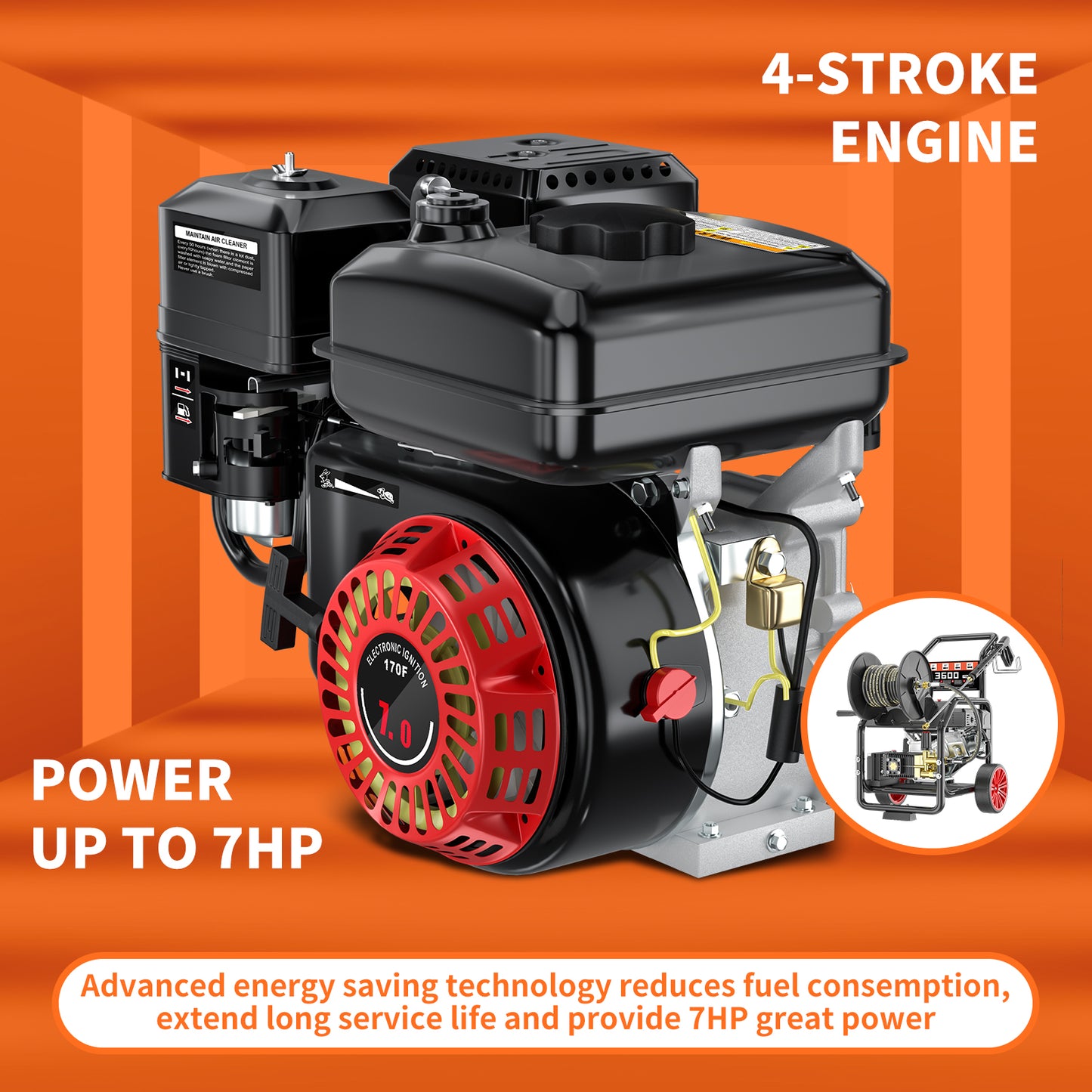 POHIR Gas Pressure Washer Powered 7HP with Hose Reel, 3600 PSI @ 3.3 GPM