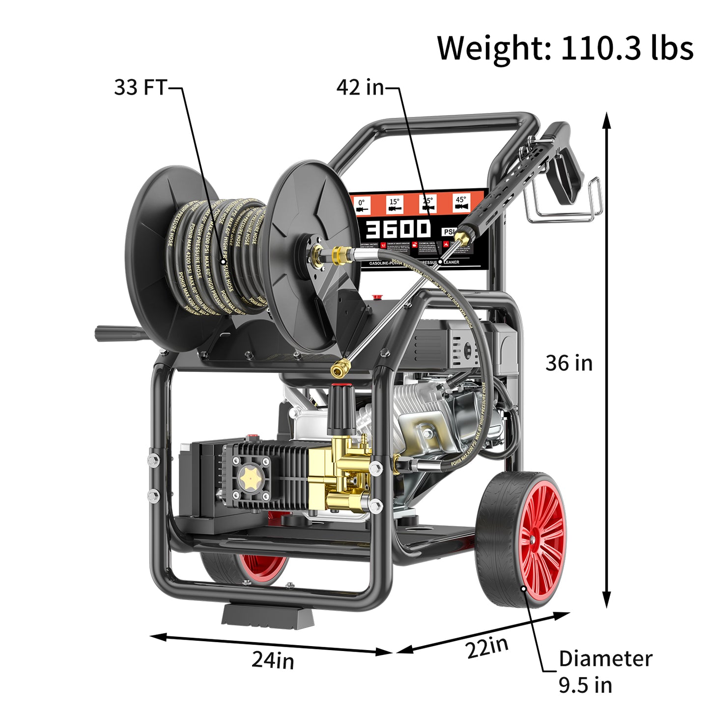POHIR Gas Pressure Washer Powered 7HP with Hose Reel, 3600 PSI @ 3.3 GPM