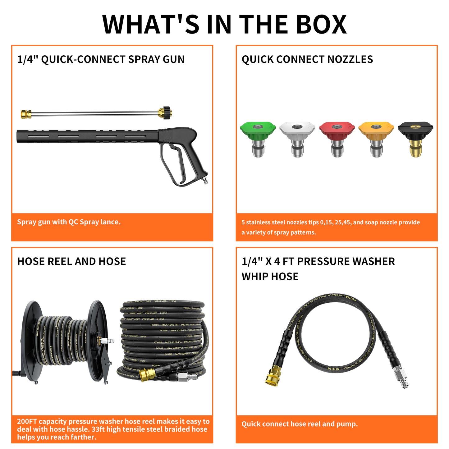 POHIR Gas Pressure Washer Powered 7HP with Hose Reel, 3600 PSI @ 3.3 GPM