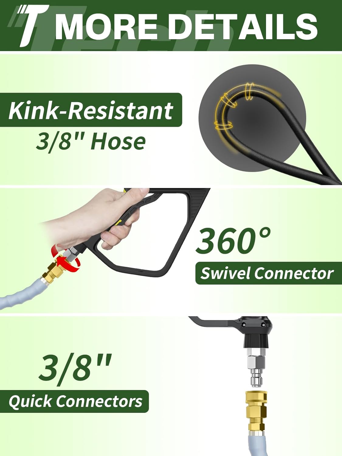 3/8" 4800PSI Pressure Washer Hose, Kink Resistant Steel Wire Braided,  with M22 14mm Adapter