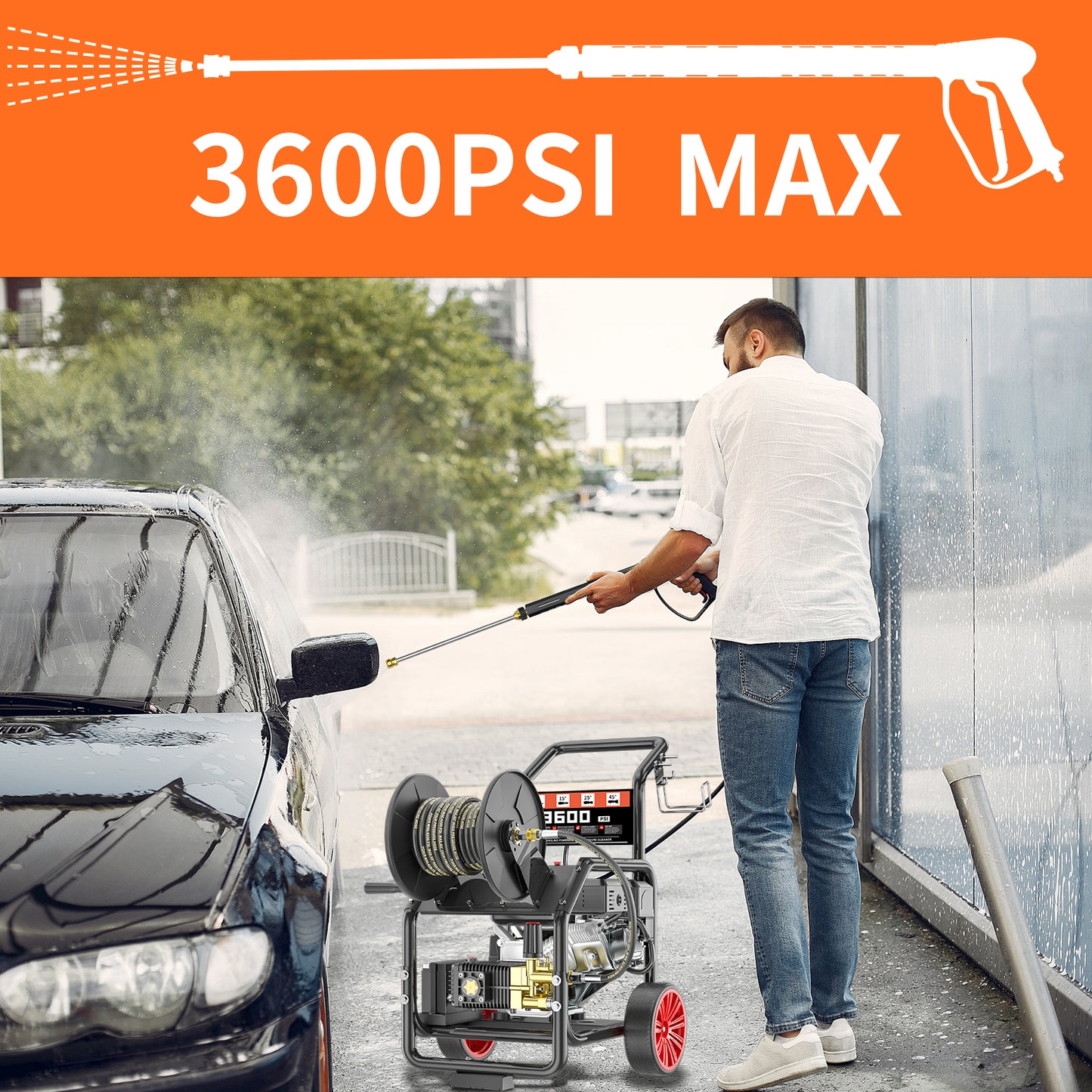 POHIR Gas Pressure Washer Powered 7HP with Hose Reel, 3600 PSI @ 3.3 GPM