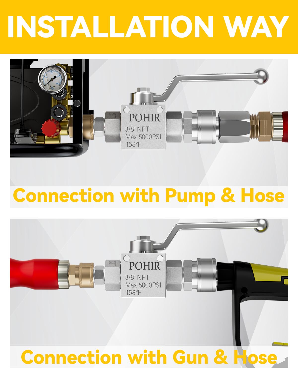 POHIR Pressure Washer Ball Valve 5000 PSI, 3/8” Quick Disconnect Connect Shut Off Valve for High Power Washer