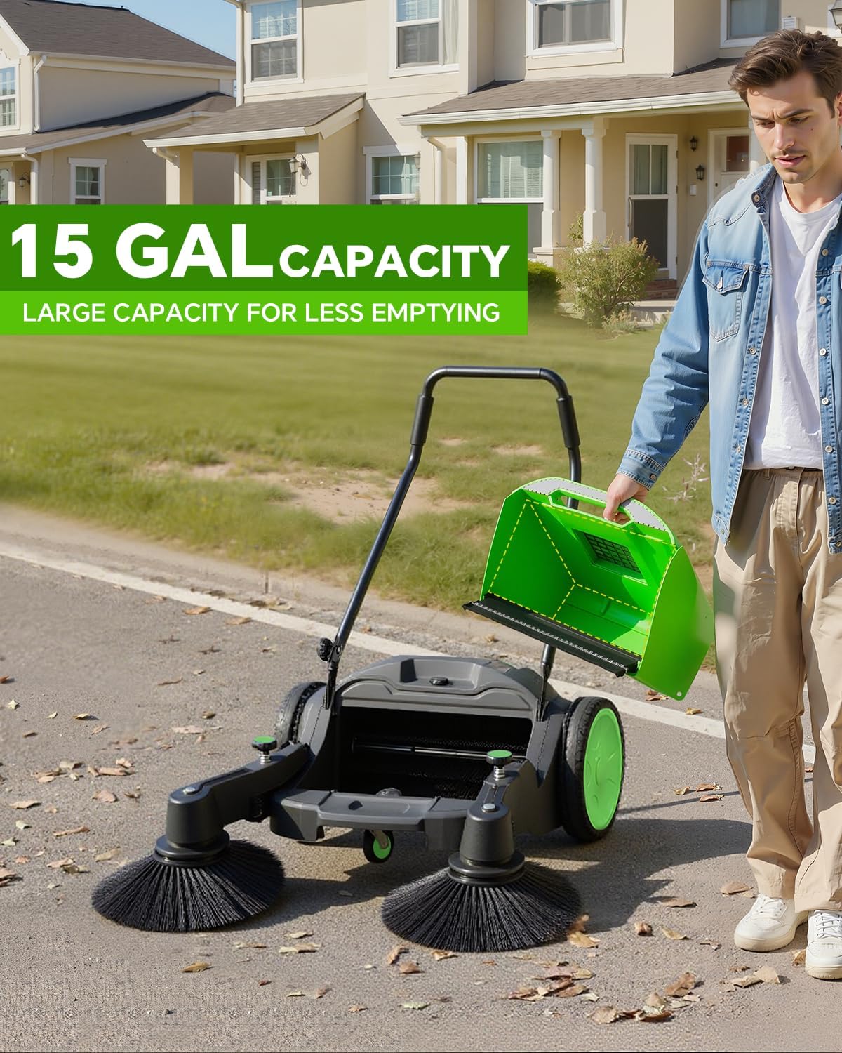 Barrendero industrial de empuje manual de 41", capacidad grande de 14.5 galones, 46000 pies cuadrados/hora