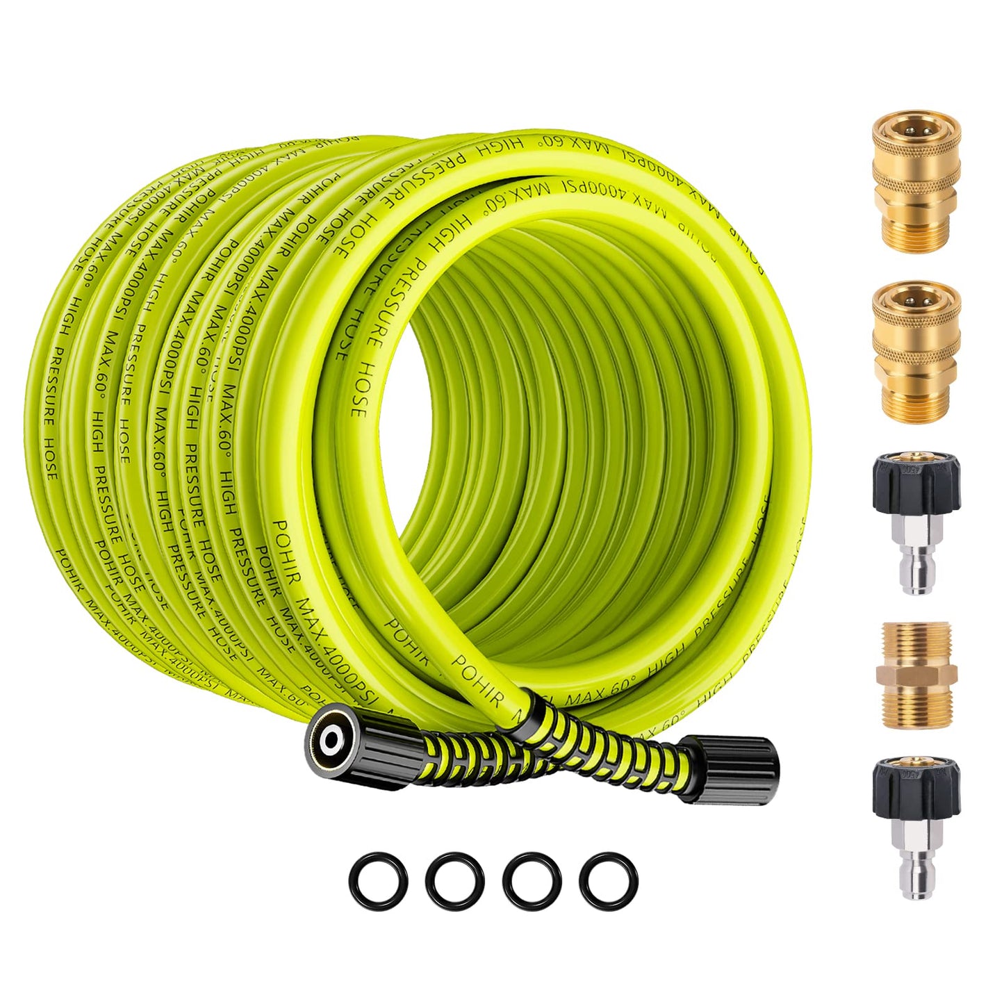 POHIR Pressure Washer Hose 100ft*1/4 with Quick Connect, Kink Free 4000 PSI  M22 14/15mm Thread Compatible