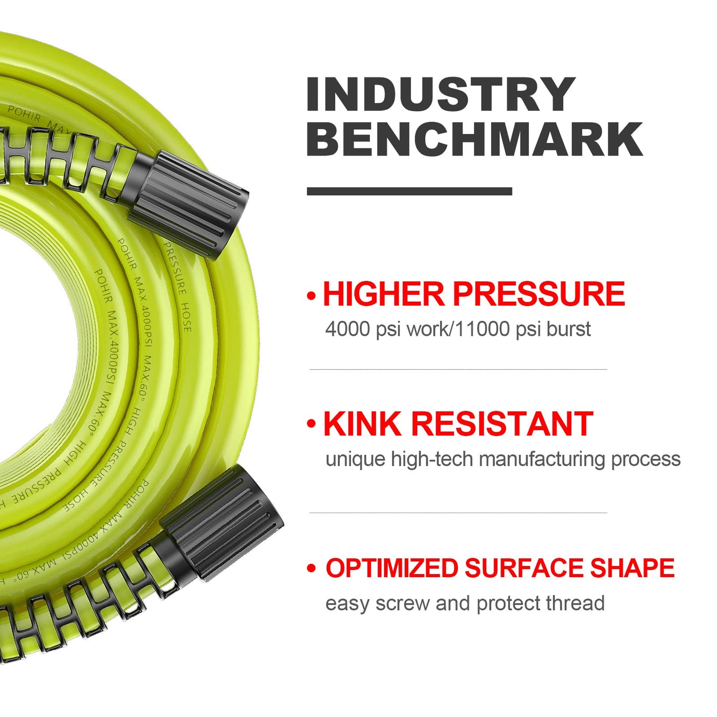 POHIR Pressure Washer Hose 100ft*1/4 with Quick Connect, Kink Free 4000 PSI  M22 14/15mm Thread Compatible