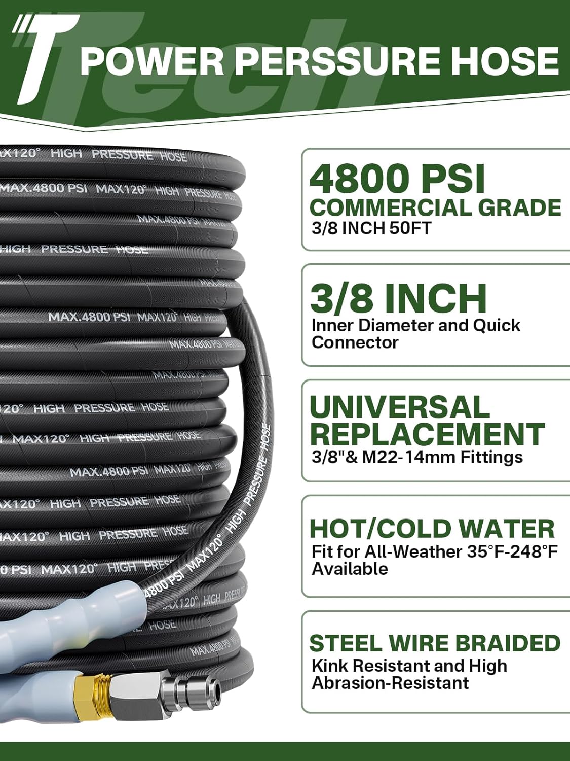 3/8" 4800PSI Pressure Washer Hose, Kink Resistant Steel Wire Braided,  with M22 14mm Adapter