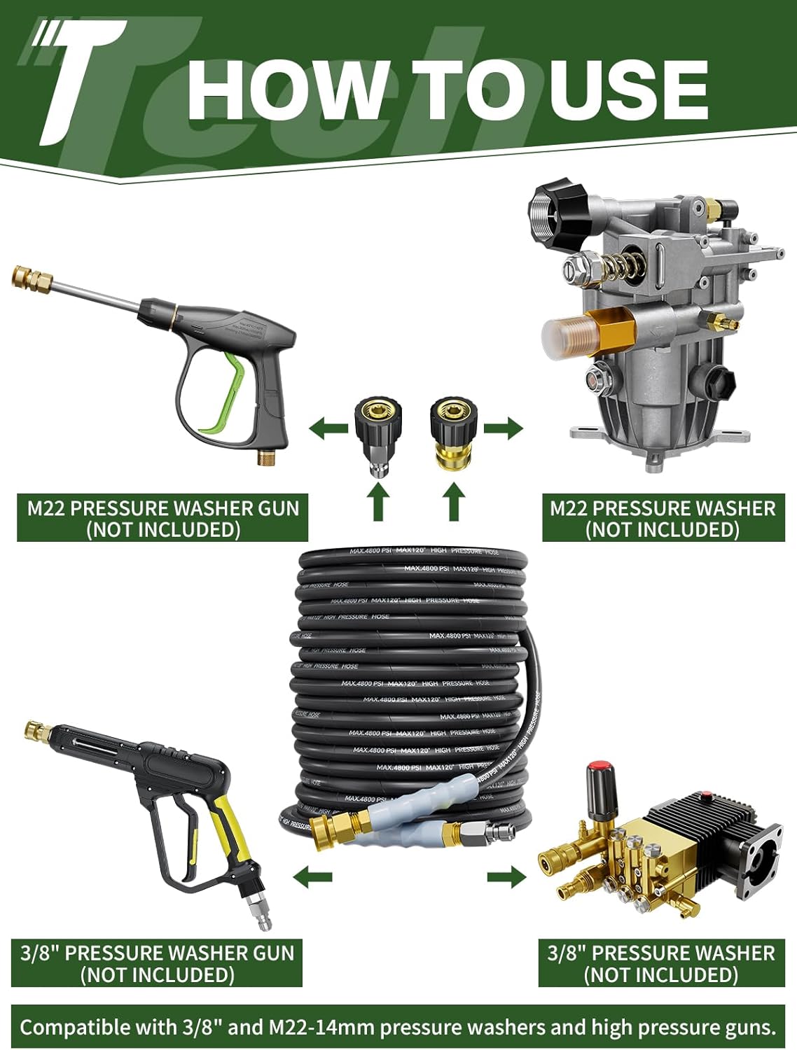 3/8" 4800PSI Pressure Washer Hose, Kink Resistant Steel Wire Braided,  with M22 14mm Adapter