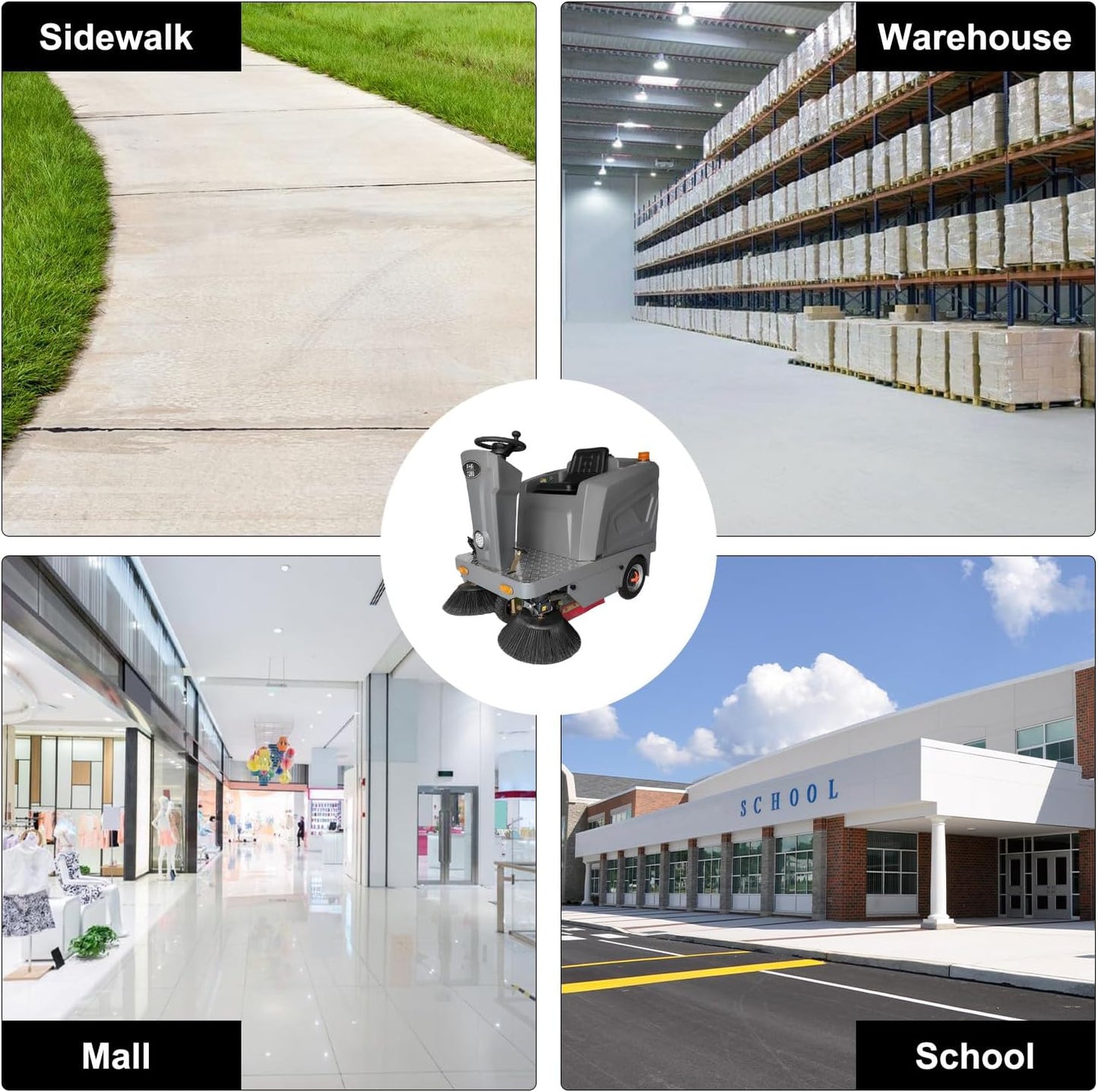 Máquina de barrido de suelo a bordo 50.4" de ancho de limpieza 800W motor sin escobillas alimentado por batería de litio 92600Sqft/h de eficiencia
