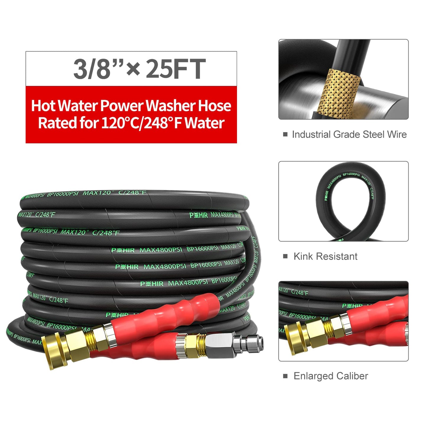 POHIR 3/8 Inch Pressure Washer Hose, 4800PSI, High Tensile Wire Heavy Duty Commercial Grade Hose, 2pcs M22 14mm to 3/8 Quick Connect Accessories