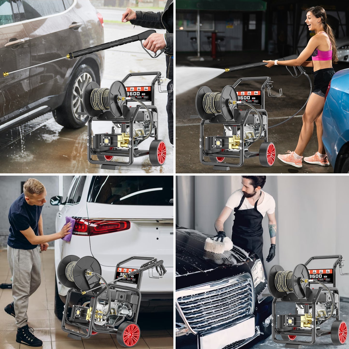 POHIR Gas Pressure Washer Powered 7HP with Hose Reel, 3600 PSI @ 3.3 GPM