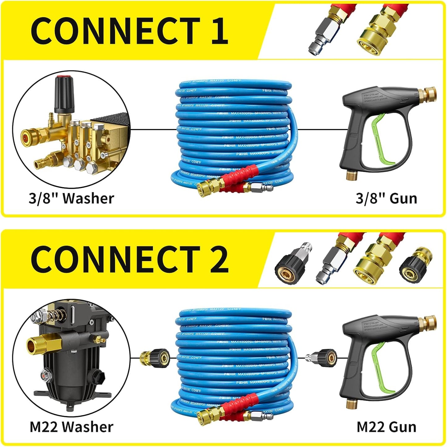 POHIR Pressure Washer Hose 3/8" 4800 PSI, Kink Resistant Industrial Grade Hose with Quick Connect Ends and Adapters