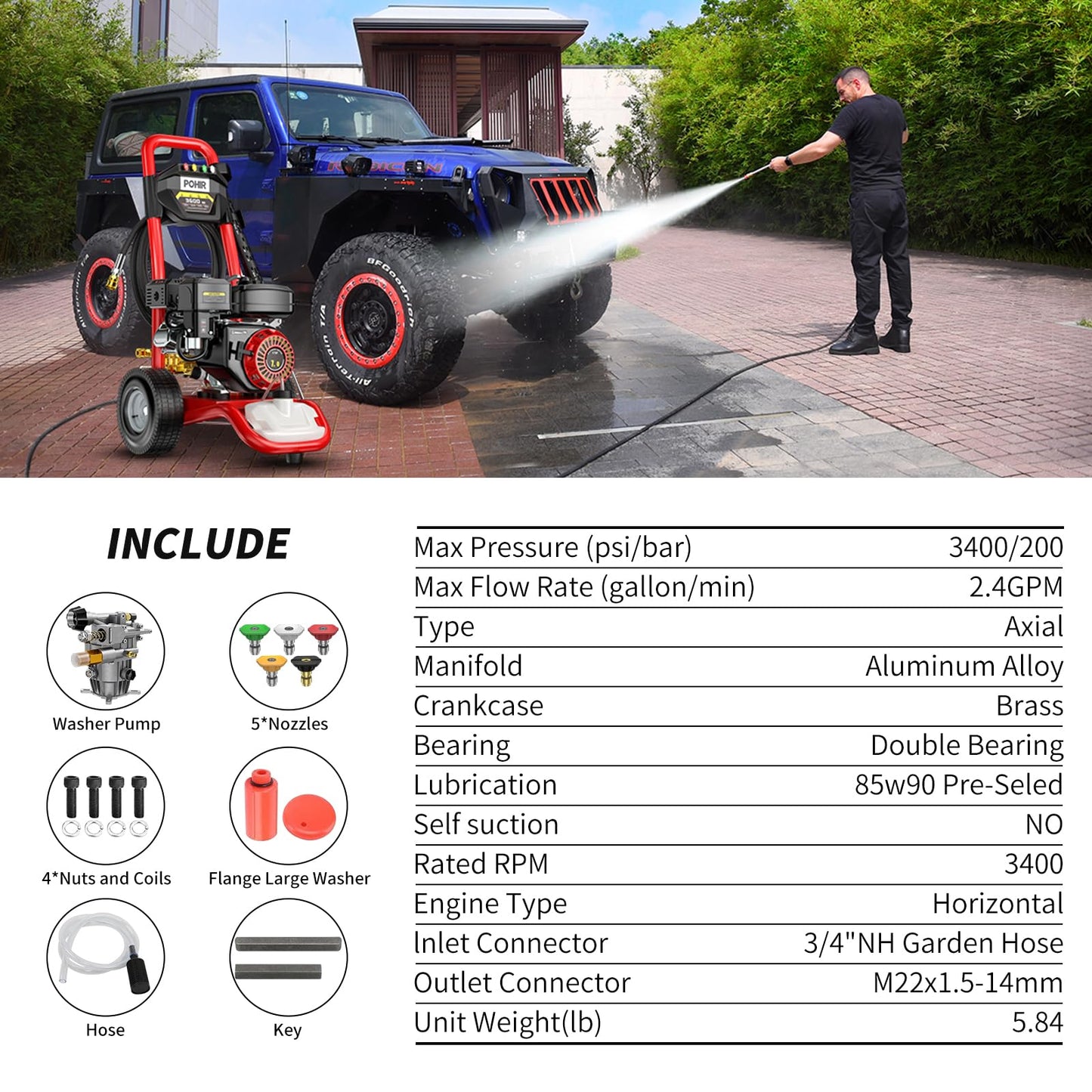 POHIR Pressure Washer Pump 3400PSI Max 3/4 inch Shaft Horizontal, Power Washer Pump Compatible with Most High Pressure Washers,Visual Oil Gauge and Breathable Oil Cap Increase Service Life
