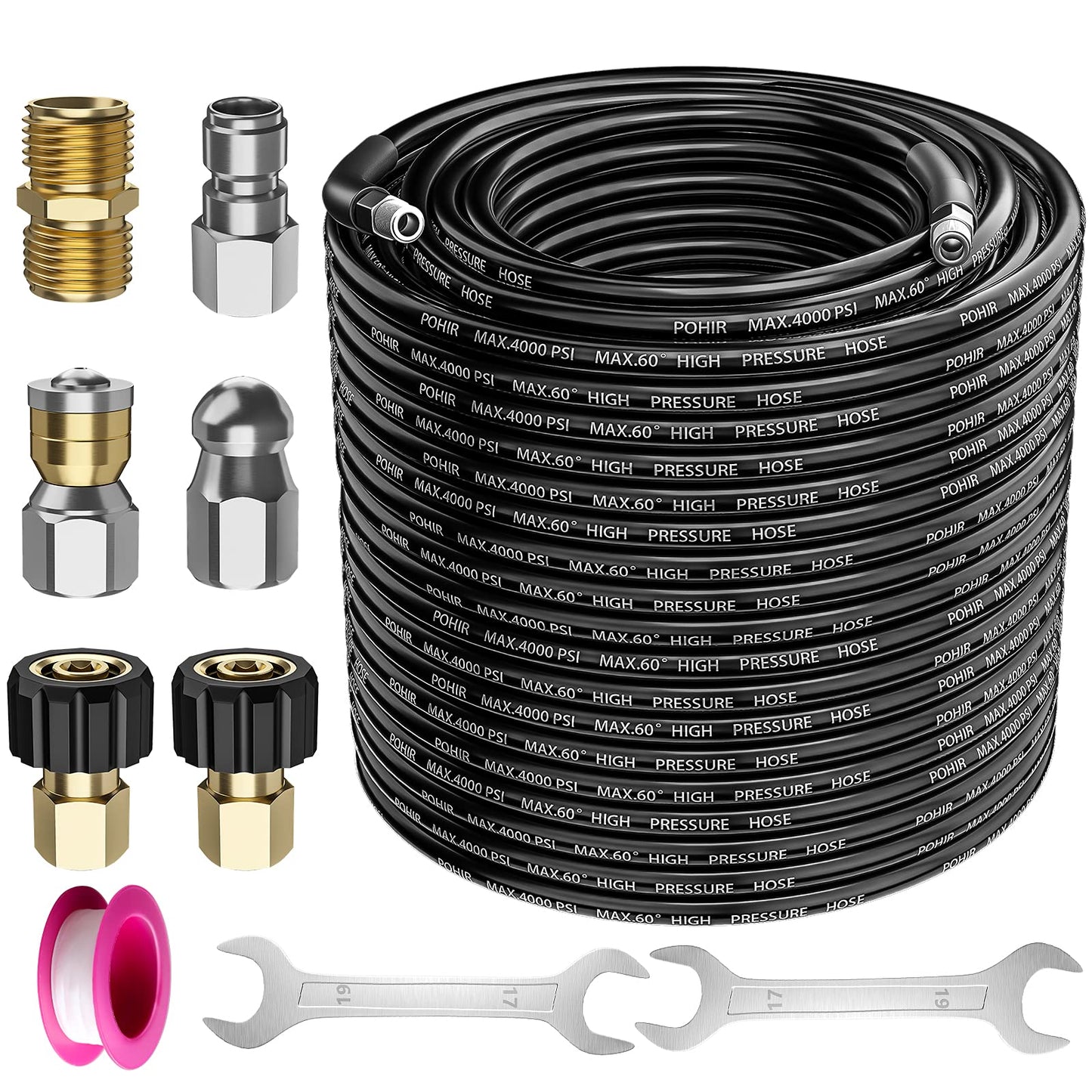 POHIR Sewer Jetter Kit for Pressure Washer 100 ft, 4000 PSI Drain Cleaner Hose