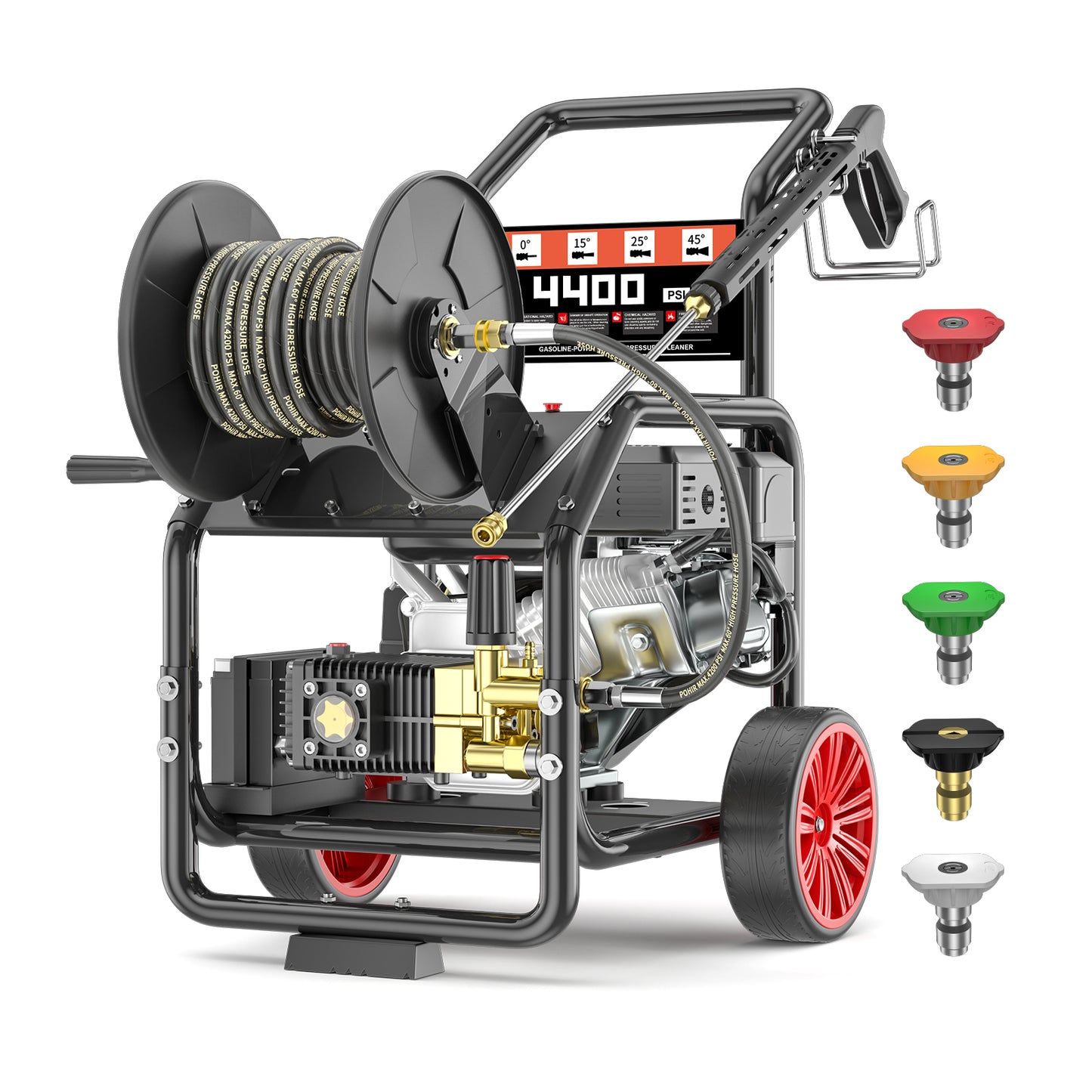 POHIR Gas Pressure Washer Powered 7HP with Hose Reel, 3600 PSI @ 3.3 GPM