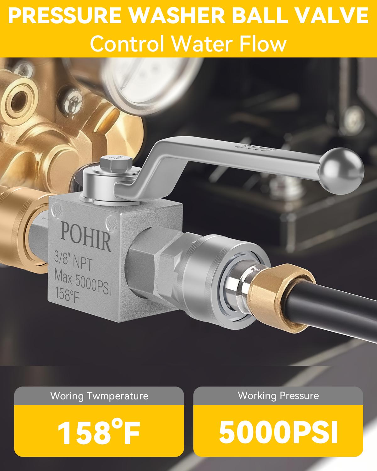 POHIR Pressure Washer Ball Valve 5000 PSI, 3/8” Quick Disconnect Connect Shut Off Valve for High Power Washer