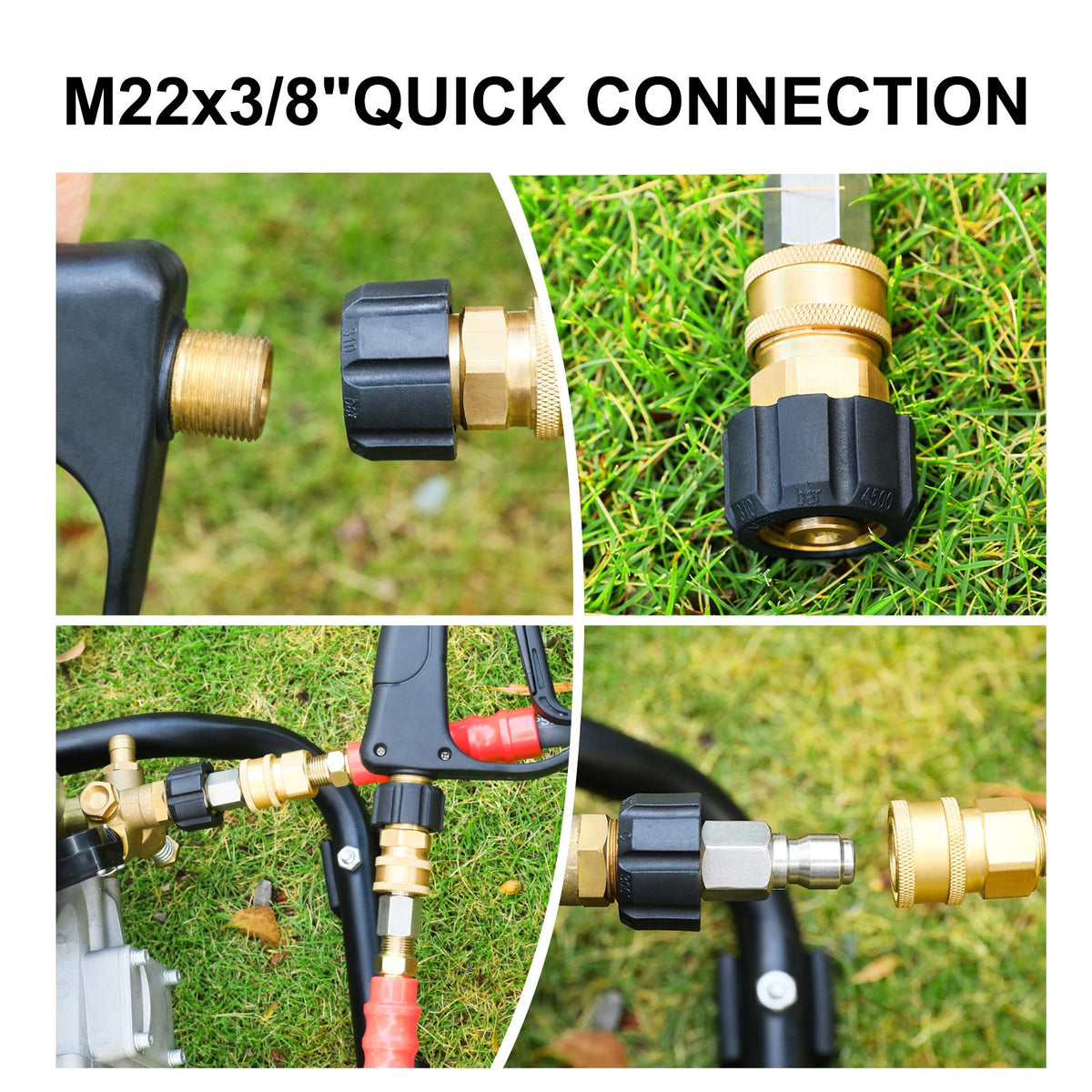 Adaptador de Conexión Rápida para Lavadora a Presión POHIR, Adaptador de Rosca de Latón M22-14MM a Enchufe QC de 3/8, Conector de Lavadora a Presión Femenino a Masculino, Rosca Métrica M22 14mm Femenina a Conector M22 14mm Masculino, 5000 PSI