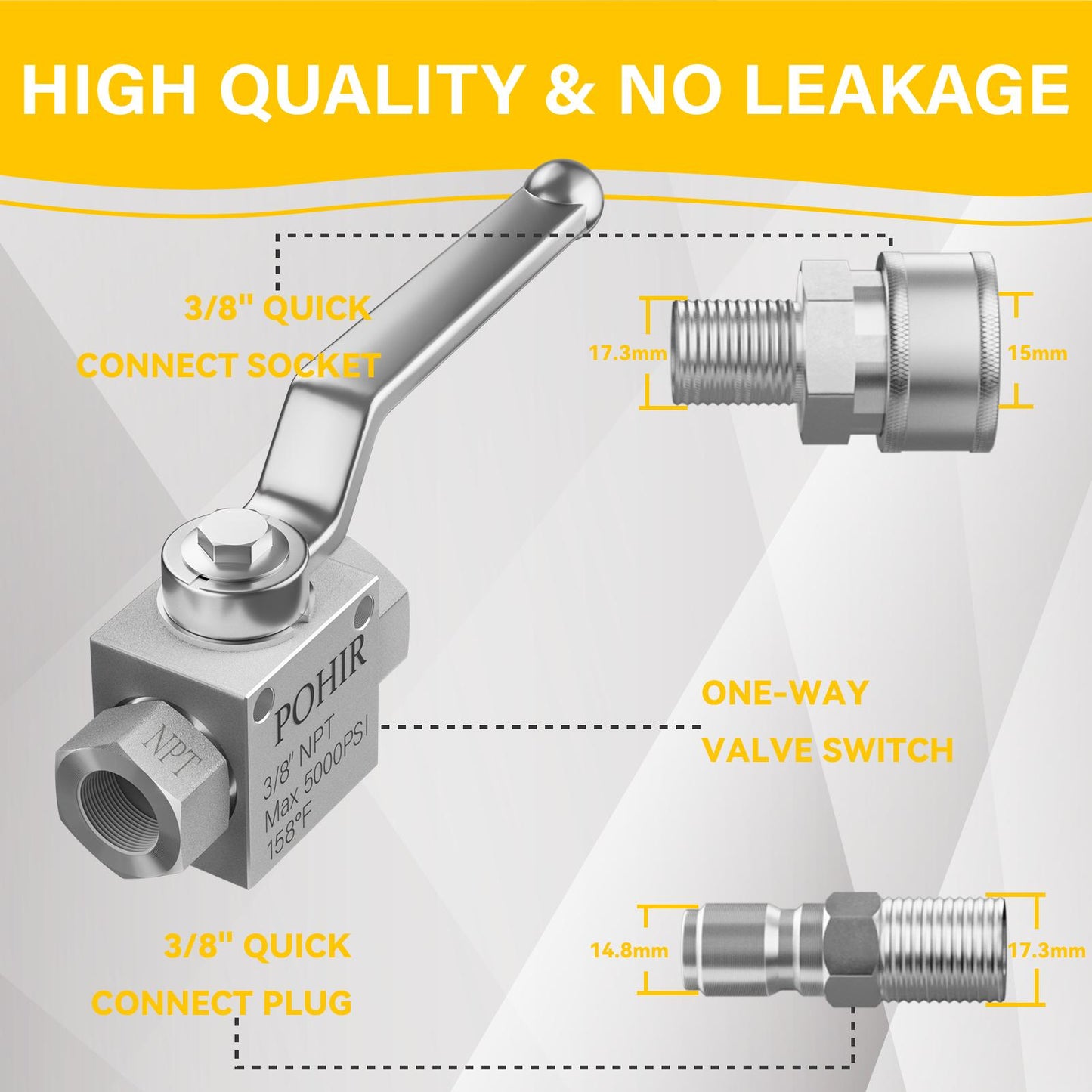 POHIR Pressure Washer Ball Valve 5000 PSI, 3/8” Quick Disconnect Connect Shut Off Valve for High Power Washer