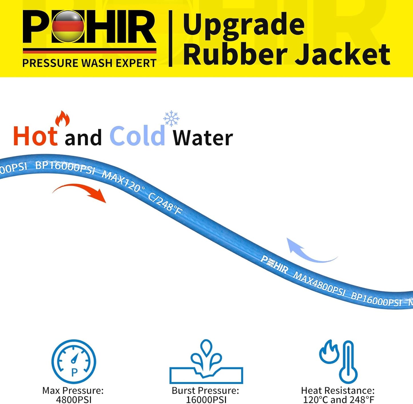 POHIR Pressure Washer Hose 3/8" 4800 PSI, Kink Resistant Industrial Grade Hose with Quick Connect Ends and Adapters