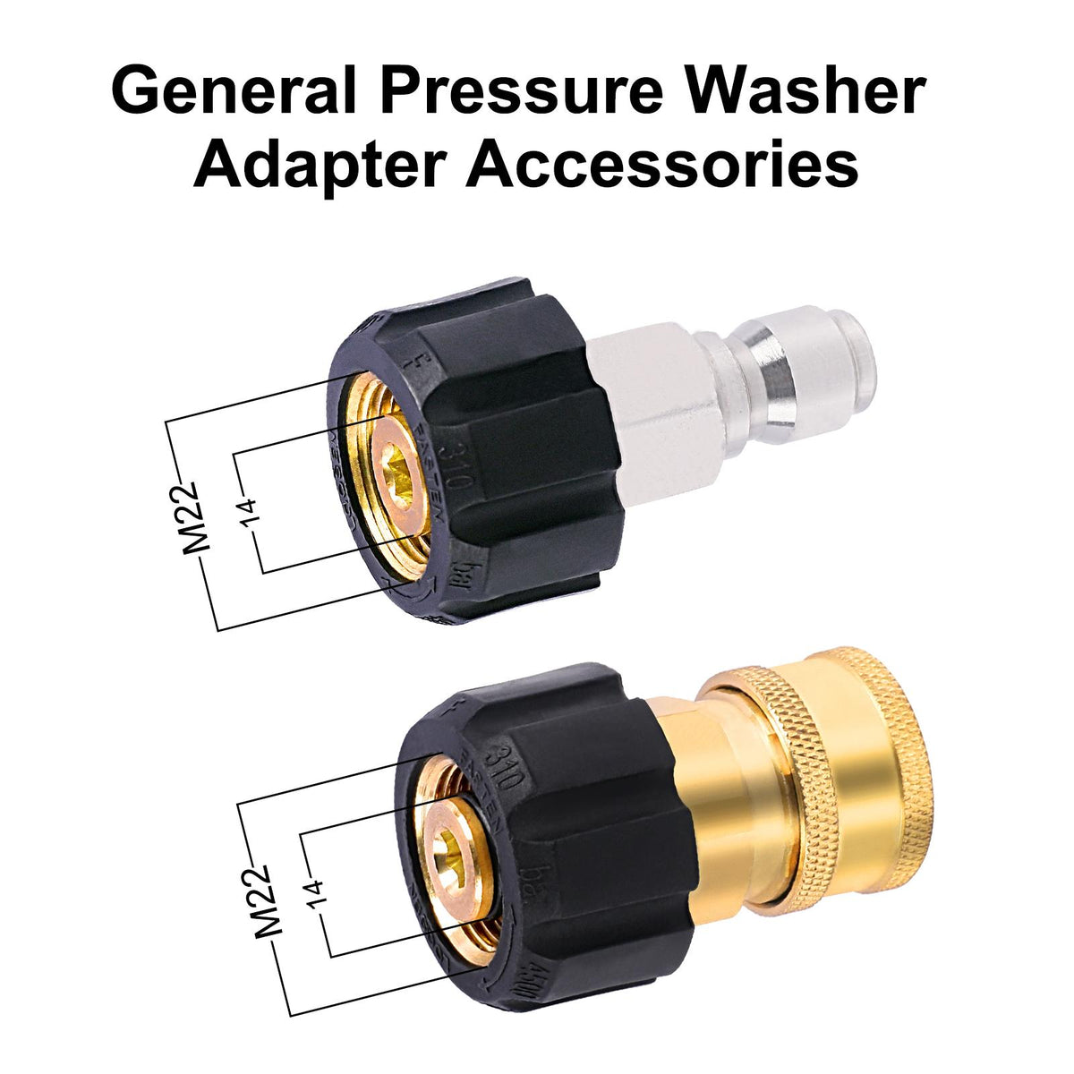 Adaptador de Conexión Rápida para Lavadora a Presión POHIR, Adaptador de Rosca de Latón M22-14MM a Enchufe QC de 3/8, Conector de Lavadora a Presión Femenino a Masculino, Rosca Métrica M22 14mm Femenina a Conector M22 14mm Masculino, 5000 PSI