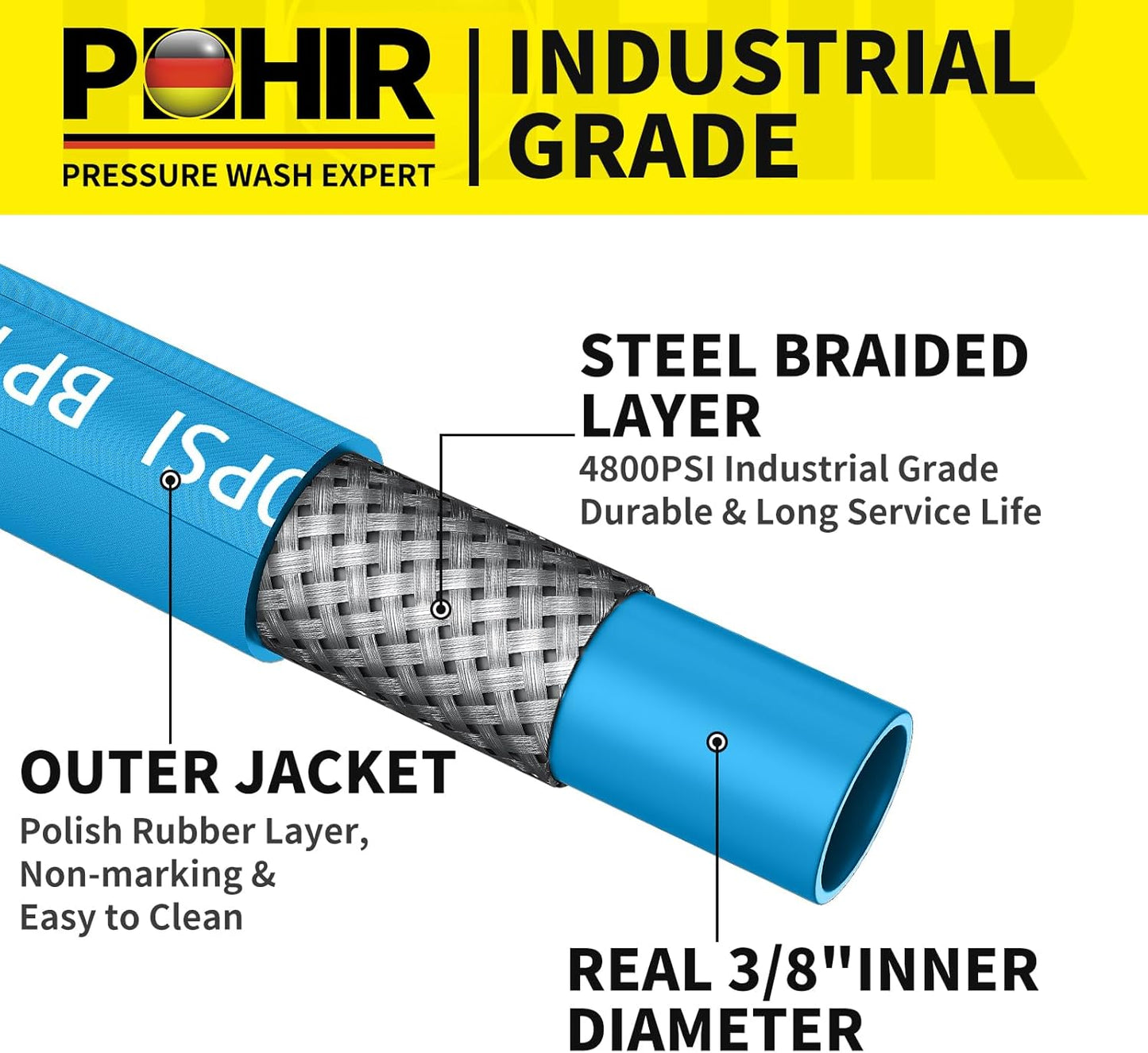 POHIR Pressure Washer Hose 3/8" 4800 PSI, Kink Resistant Industrial Grade Hose with Quick Connect Ends and Adapters
