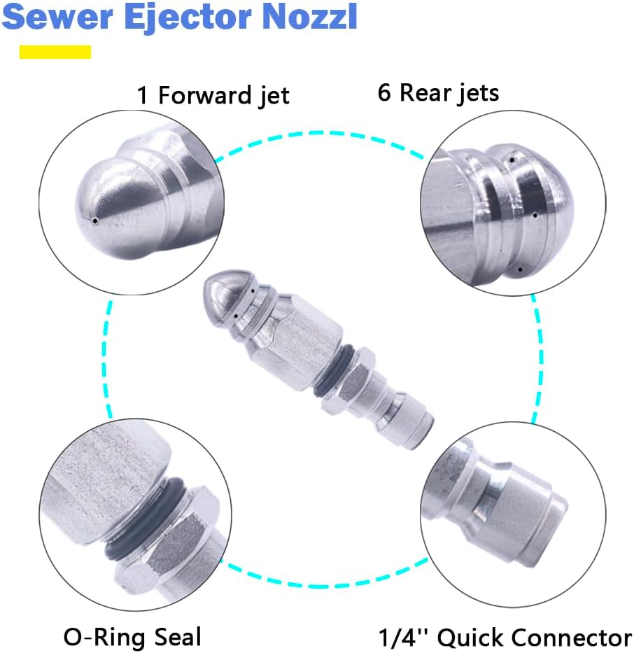 Boquilla de desatascador de alcantarillado, boquilla de manguera de desatascado de alta presión, con conector rápido de acero inoxidable de 1/4'', 5000 PSI
