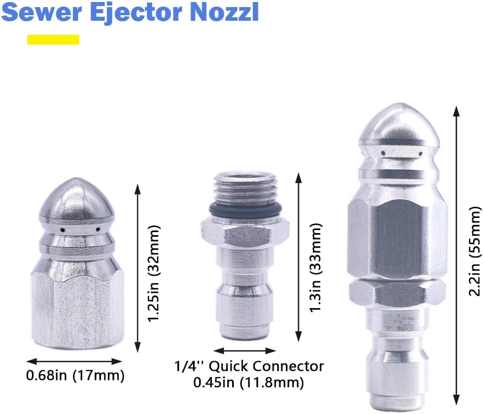 Boquilla de desatascador de alcantarillado, boquilla de manguera de desatascado de alta presión, con conector rápido de acero inoxidable de 1/4'', 5000 PSI