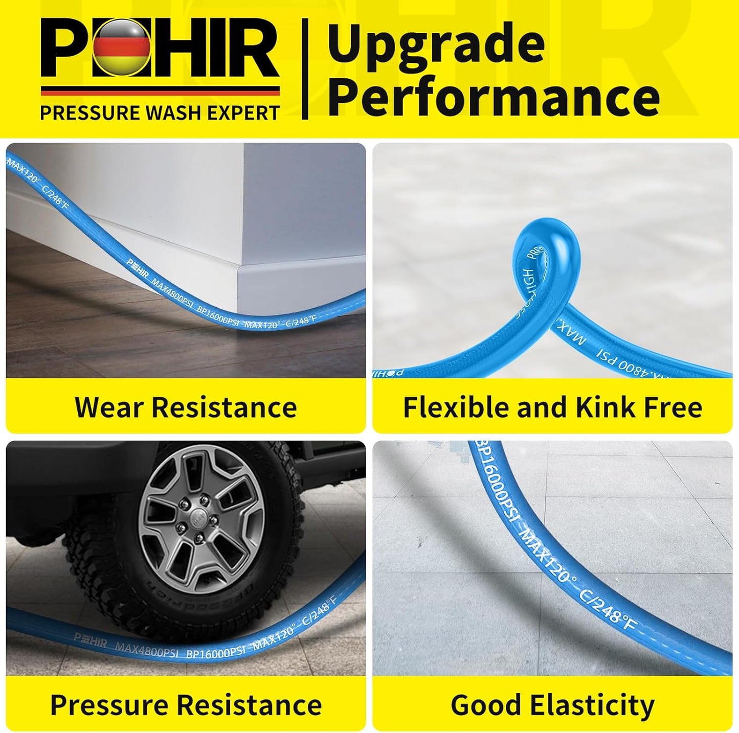 POHIR Pressure Washer Hose 3/8" 4800 PSI, Kink Resistant Industrial Grade Hose with Quick Connect Ends and Adapters