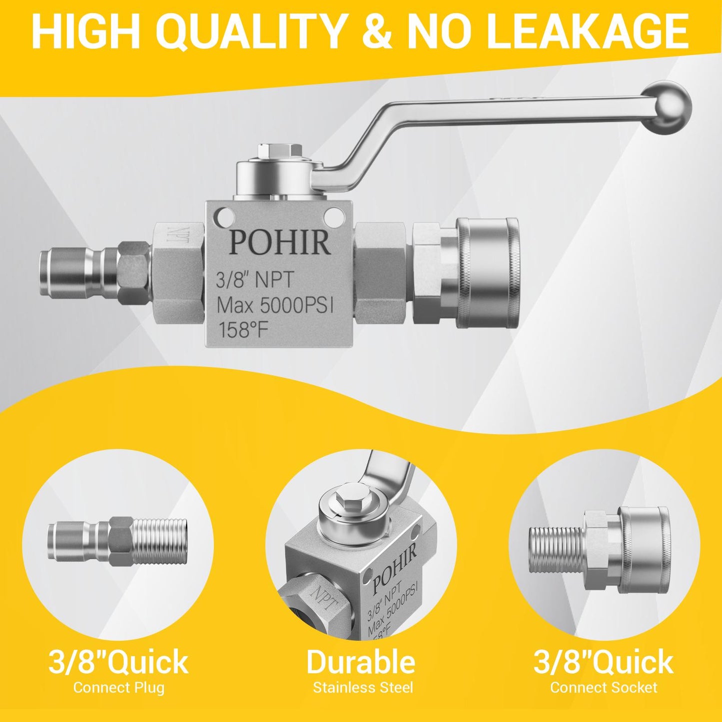 POHIR Pressure Washer Ball Valve 5000 PSI, 3/8” Quick Disconnect Connect Shut Off Valve for High Power Washer