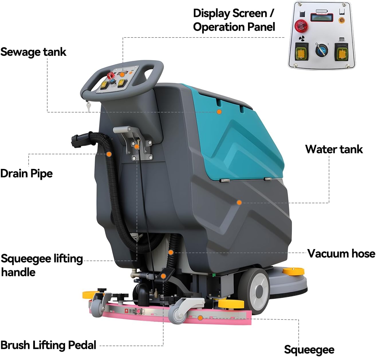 Máquina de fregado de suelo de marcha detrás KARHDIR, 22" de ancho de limpieza, 31.5" de ancho de succión, tanque de aguas residuales de 18.5 gal, tanque de agua clara de 15.9, 32000 pies cuadrados/h