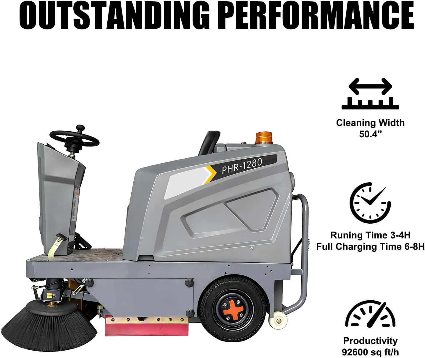 Máquina de barrido de suelo a bordo 50.4" de ancho de limpieza 800W motor sin escobillas alimentado por batería de litio 92600Sqft/h de eficiencia