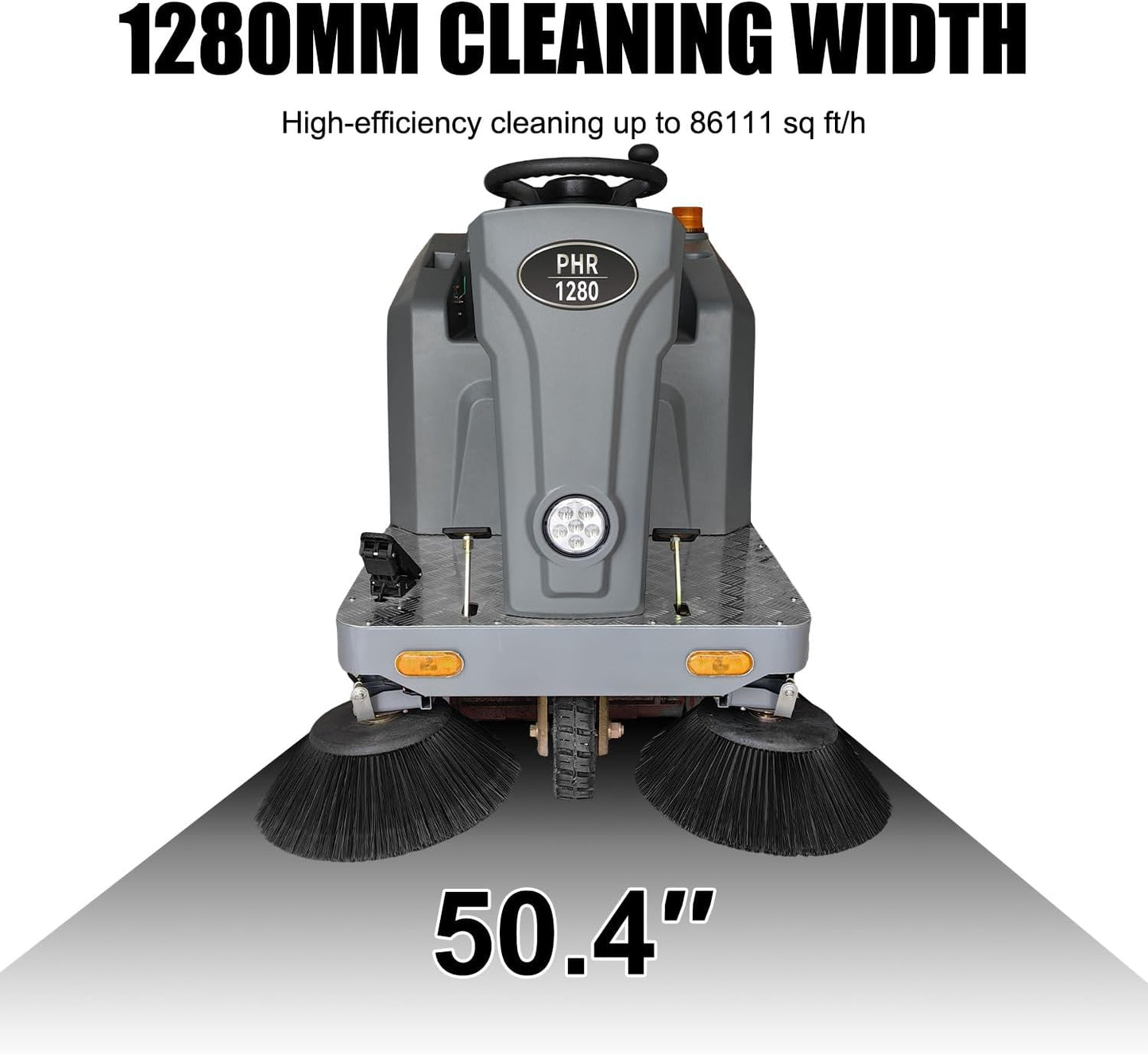 Máquina de barrido de suelo a bordo 50.4" de ancho de limpieza 800W motor sin escobillas alimentado por batería de litio 92600Sqft/h de eficiencia