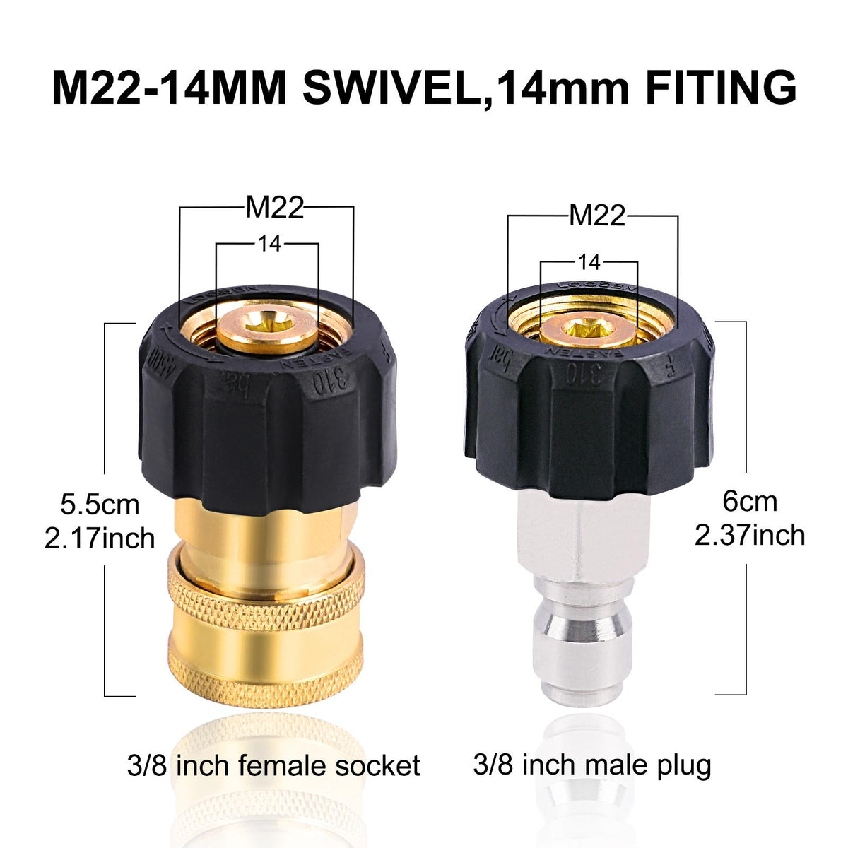 Adaptador de Conexión Rápida para Lavadora a Presión POHIR, Adaptador de Rosca de Latón M22-14MM a Enchufe QC de 3/8, Conector de Lavadora a Presión Femenino a Masculino, Rosca Métrica M22 14mm Femenina a Conector M22 14mm Masculino, 5000 PSI