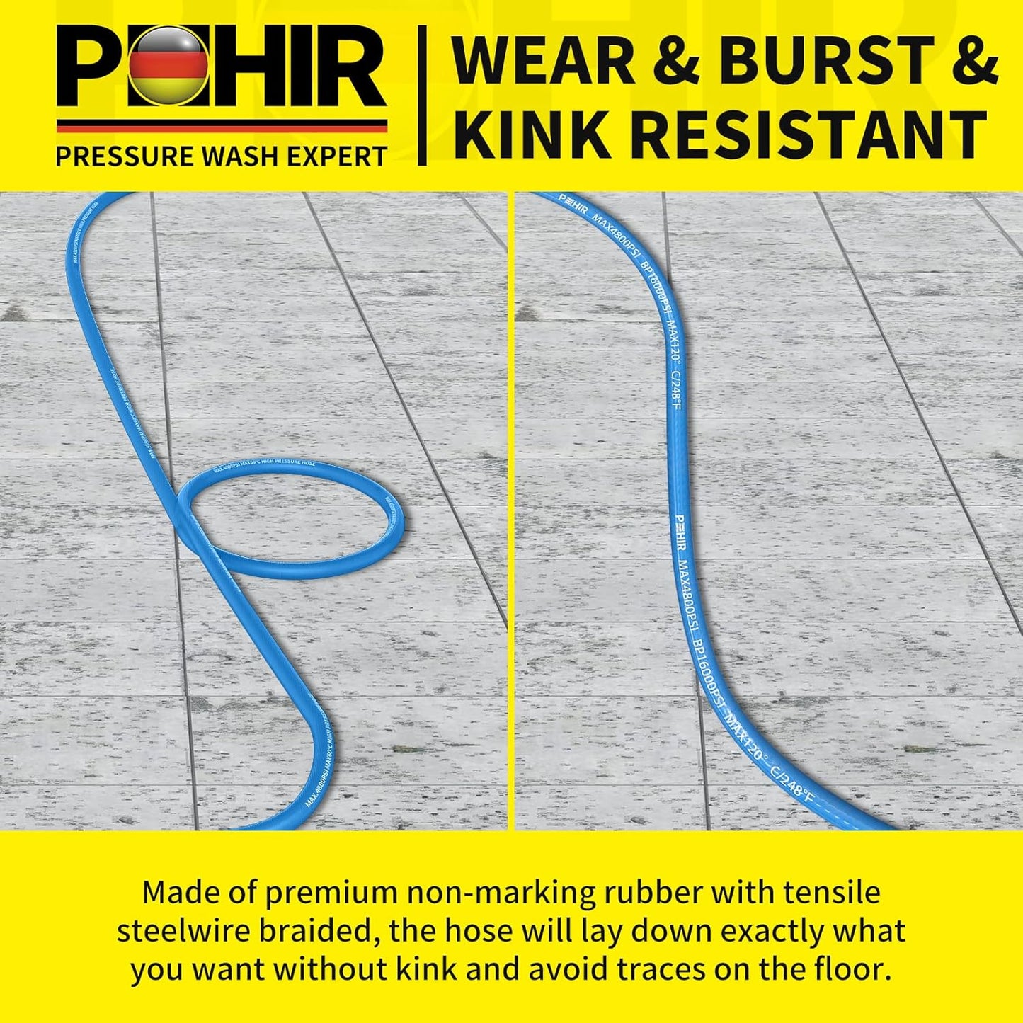 POHIR Pressure Washer Hose 3/8" 4800 PSI, Kink Resistant Industrial Grade Hose with Quick Connect Ends and Adapters