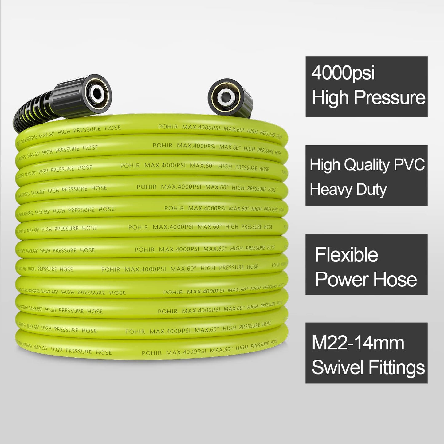 POHIR Pressure Washer Hose 100ft*1/4 with Quick Connect, Kink Free 4000 PSI  M22 14/15mm Thread Compatible
