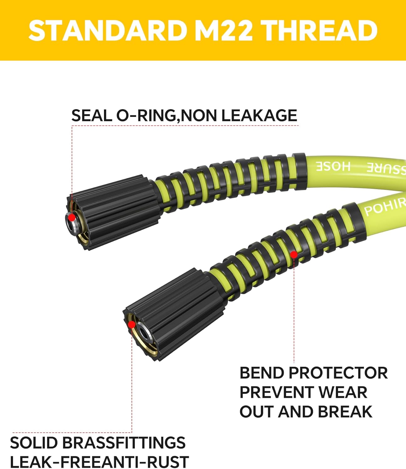 Manguera de Lavadora a Presión POHIR de 25 pies - 4000 PSI, Conector M22 14/15mm, Resistente a Torceduras, 4 Juntas tóricas