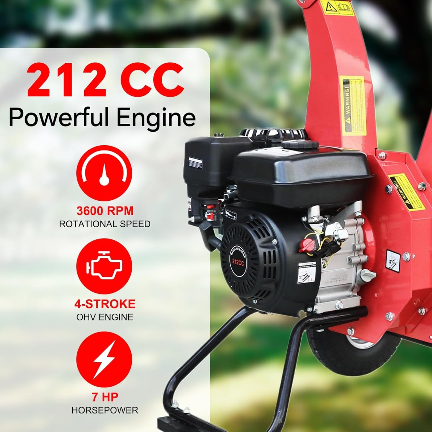 Wood Chipper Shredder Mulcher, 7 HP 212cc Gas-Powered Heavy Duty Engine, 3-Blade Disc Cutter, 10" Large Wheels