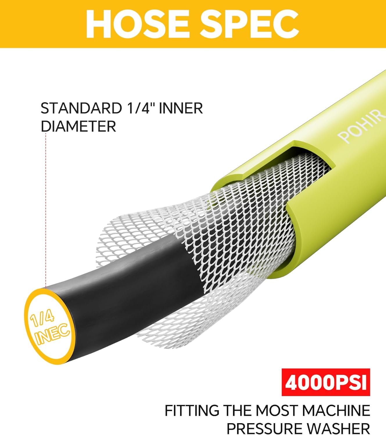 Manguera de Lavadora a Presión POHIR de 25 pies - 4000 PSI, Conector M22 14/15mm, Resistente a Torceduras, 4 Juntas tóricas
