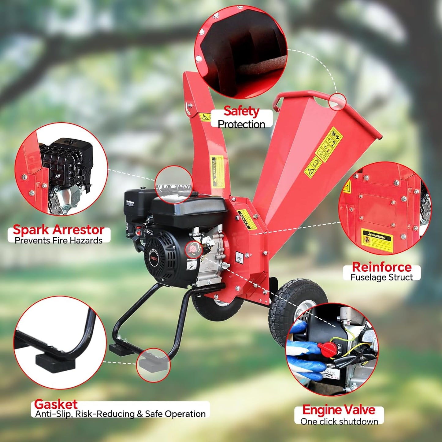 Wood Chipper Shredder Mulcher, 7 HP 212cc Gas-Powered Heavy Duty Engine, 3-Blade Disc Cutter, 10" Large Wheels