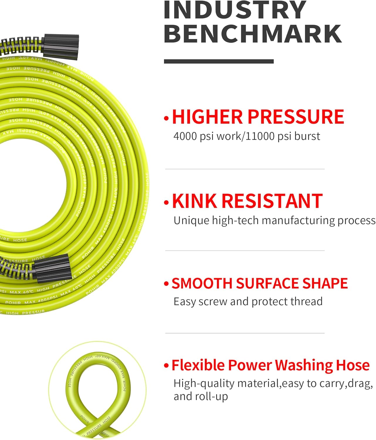 Manguera de Lavadora a Presión POHIR de 25 pies - 4000 PSI, Conector M22 14/15mm, Resistente a Torceduras, 4 Juntas tóricas