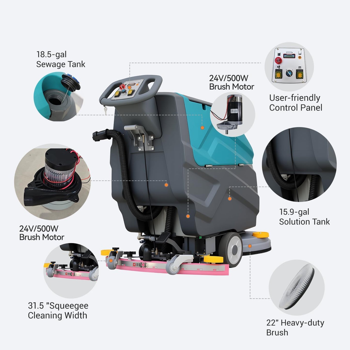 Máquina de fregado de suelo de marcha detrás KARHDIR, 22" de ancho de limpieza, 31.5" de ancho de succión, tanque de aguas residuales de 18.5 gal, tanque de agua clara de 15.9, 32000 pies cuadrados/h