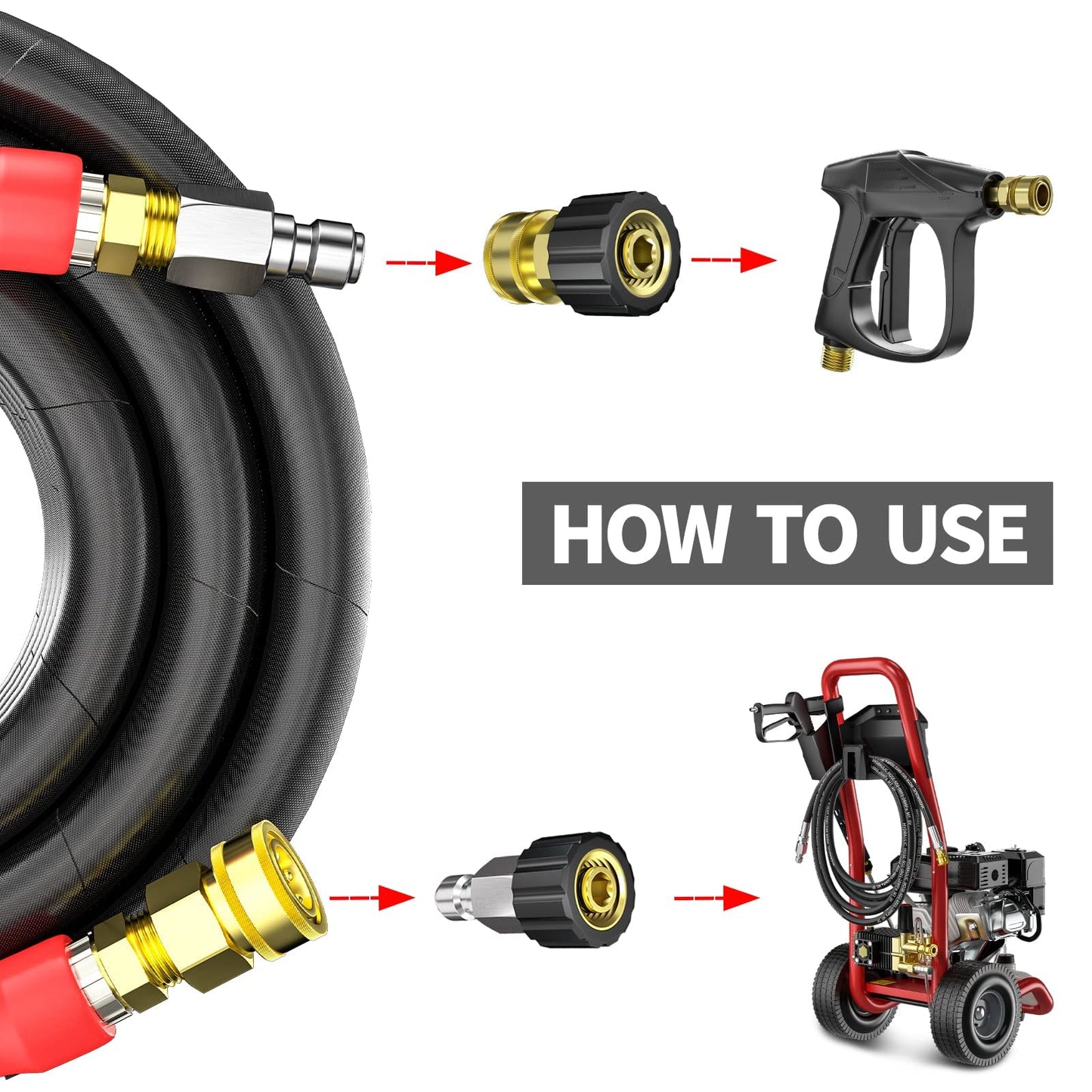 POHIR 3/8 Inch Pressure Washer Hose, 4800PSI, High Tensile Wire Heavy Duty Commercial Grade Hose, 2pcs M22 14mm to 3/8 Quick Connect Accessories