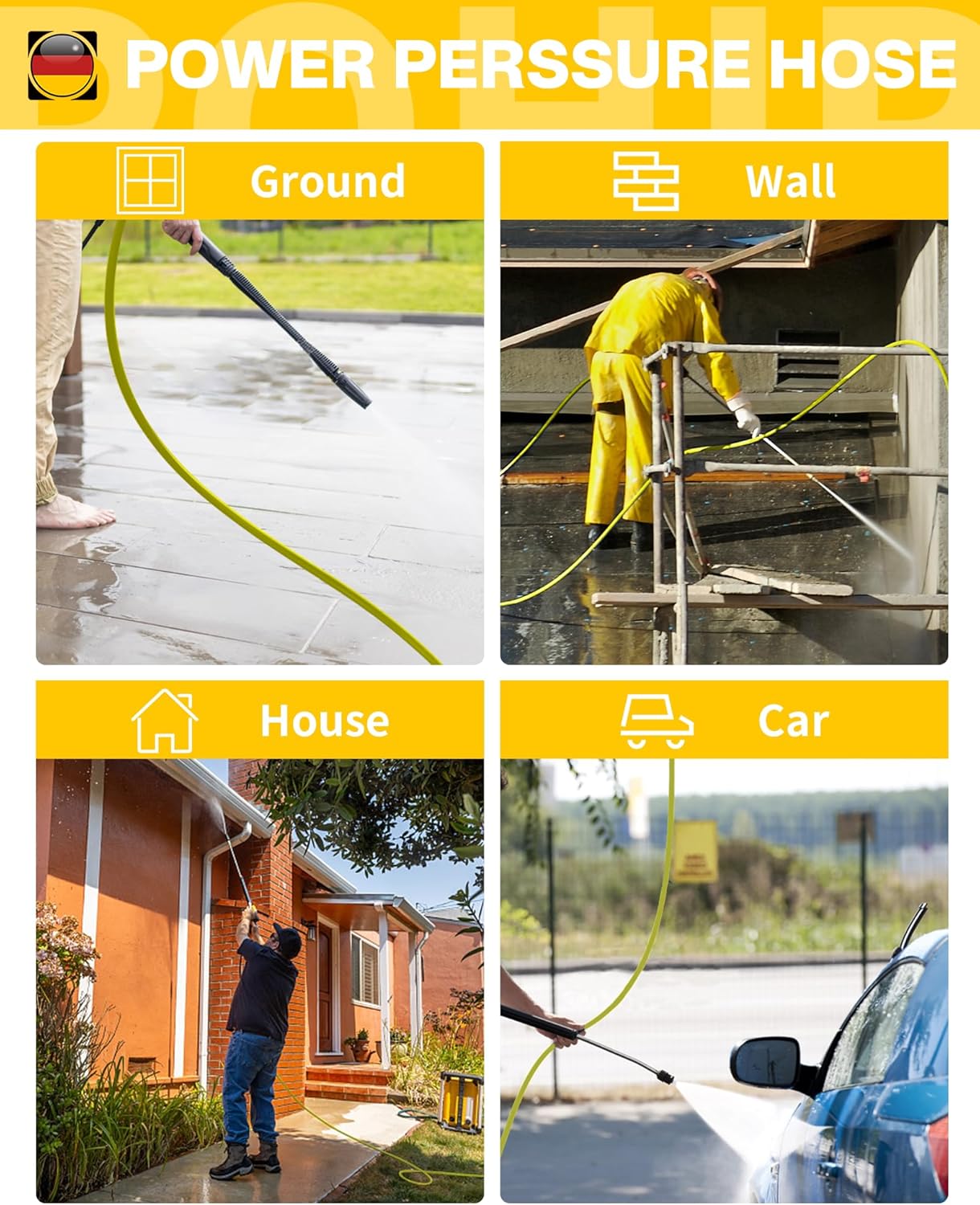Manguera de Lavadora a Presión POHIR de 25 pies - 4000 PSI, Conector M22 14/15mm, Resistente a Torceduras, 4 Juntas tóricas