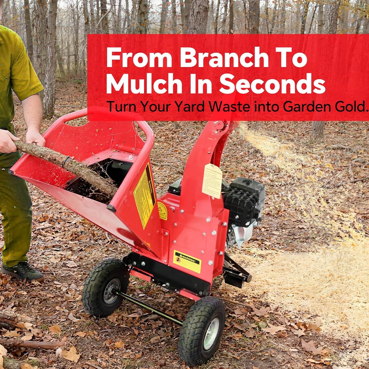 Wood Chipper Shredder Mulcher, 7 HP 212cc Gas-Powered Heavy Duty Engine, 3-Blade Disc Cutter, 10" Large Wheels